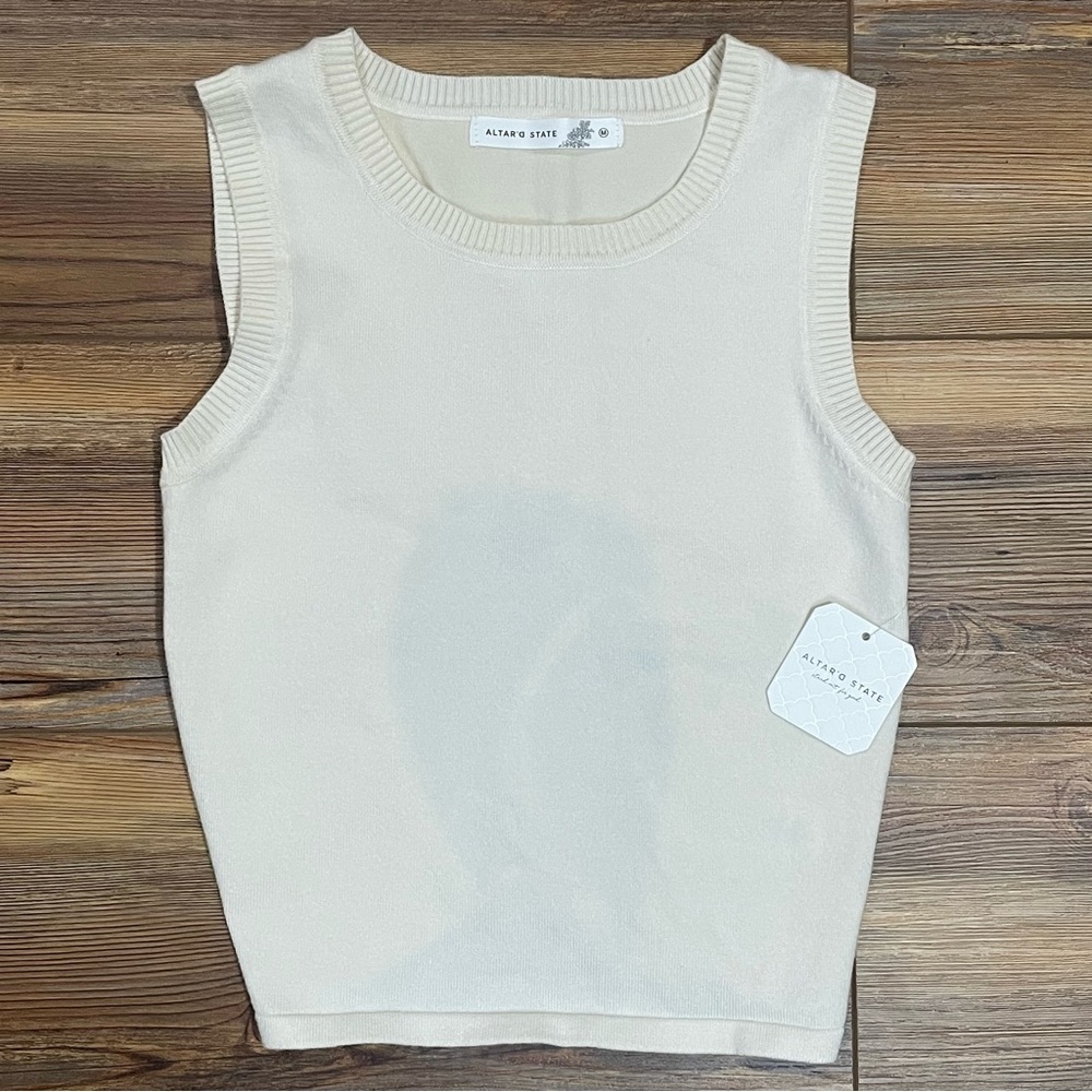 NEW Altar’d State Knit Crewneck Open Back Tie Tank Crop Top Ivory Size Medium